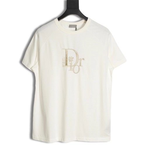 Dior CD gold and silver thread flower embroidery short-sleeved T-shirt,All order with free shipping Dior