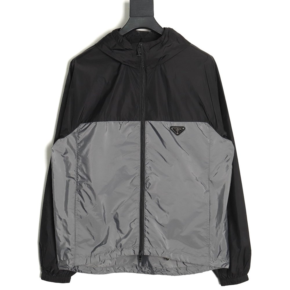 Prada black and grey patchwork hooded jacket,Prada Jacket,Jacket,APPAREL