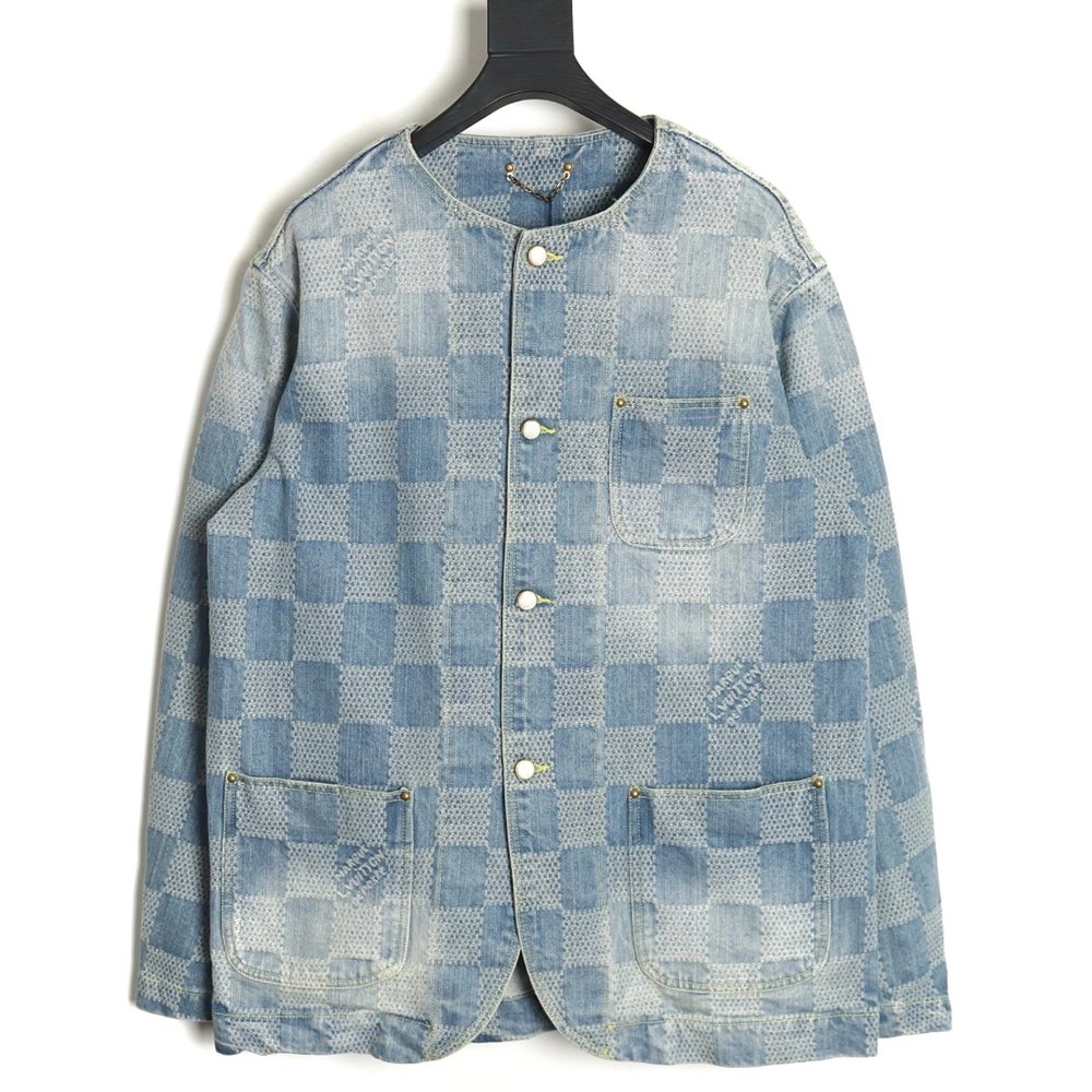 Louis Vuitton 24SS Checkerboard Collarless Denim Shirt Jacket,Louis Vuitton Jacket,Jacket,APPAREL