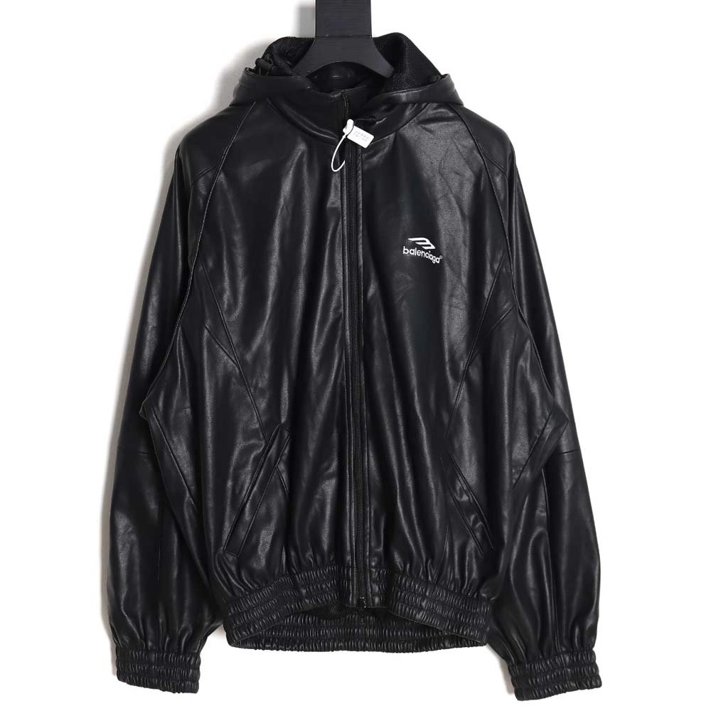 Balenciaga Balenciaga BLCG 23FW stitching contrast color small embroidery hooded leather jacket,Balenciaga Jacket,Jacket,APPAREL