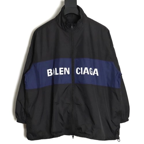 Balenciaga 24SS 57 black and blue stitching slogan jacket,Balenciaga Jacket,Jacket,APPAREL