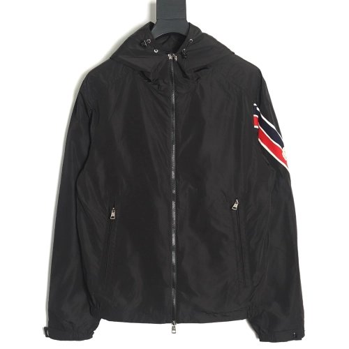 Moncler Tricolor Trim Sleeve Striped Hooded Jacket TSK1,Moncler Jacket,Jacket,APPAREL