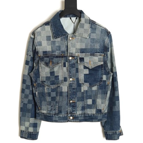 Louis Vuitton Mosaic Checkerboard Denim Jacket SXL,Cheap Replica Reps Louis Vuitton