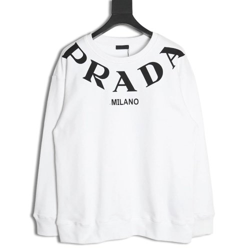 Prada Cotton Crew Neck Sweatshirt with Large Logo Print on Collar,Cheap Replica Reps Prada