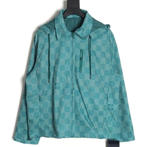 Louis Vuitton Green Checkerboard Hooded Windbreaker Jacket XSL,Cheap Replica Reps Louis Vuitton