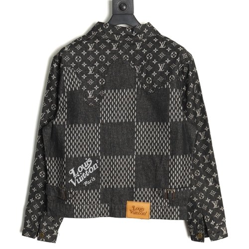 Louis Vuitton checkered floral denim longsleeved jacket TSK1,Cheap Replica Reps Louis Vuitton