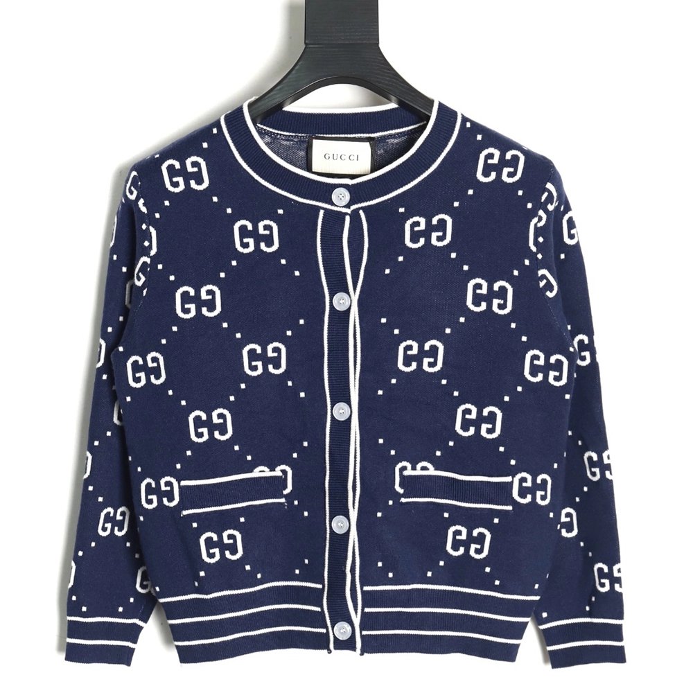 Gucci Double G Jacquard Crew Neck Cardigan Sweater,Gucci,GUC-23241215