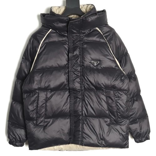 Prada metal triangle logo wide brim hooded down jacket,Prada Jacket,Jacket,APPAREL